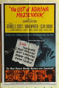 3e393 LIST OF ADRIAN MESSENGER one-sheet '63 John Huston directs five heavily disguised great stars!
