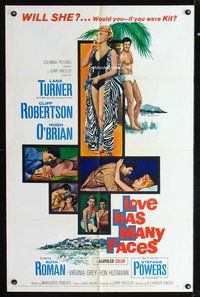 3e403 LOVE HAS MANY FACES 1sheet '65 art of sexy smoking Lana Turner & barechested Cliff Robertson!