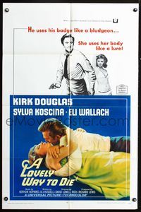 3e406 LOVELY WAY TO DIE one-sheet poster '68 great image of Kirk Douglas romancing Sylva Koscina!