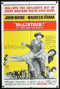 3e432 McLINTOCK one-sheet poster '63 best image of John Wayne giving Maureen O'Hara a spanking!