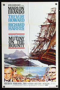 3e469 MUTINY ON THE BOUNTY style B one-sheet '62 Marlon Brando, cool seafaring art of ship by Smith!