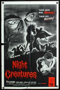 3e490 NIGHT CREATURES military 1sh '62 Hammer, different art of eyes in sky staring at horsemen!