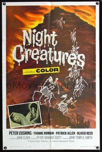 3e489 NIGHT CREATURES one-sheet '62 Hammer, great horror art of skeletons riding skeleton horses!