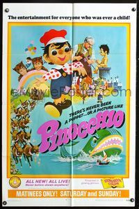 3e548 PINOCCHIO one-sheet movie poster '69 German live action, cool artwork of famous scenes!
