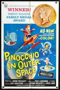 3e549 PINOCCHIO IN OUTER SPACE 1sh '65 great sci-fi cartoon artwork, explore new worlds of wonder!