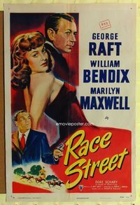 3e586 RACE STREET 1sheet '48 George Raft, sexy Marilyn Maxwell, Bendix with gun, horse racing art!