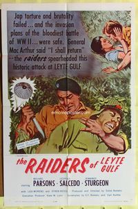 3e589 RAIDERS OF LEYTE GULF one-sheet poster '63 WWII, wild art of special forces knifing enemy!