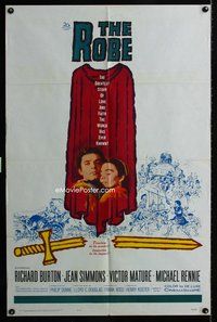 3e618 ROBE one-sheet movie poster R63 romantic Richard Burton & Jean Simmons, cool art!