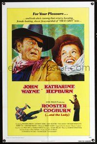 3e630 ROOSTER COGBURN int'l one-sheet movie poster '75 great art of John Wayne & Katharine Hepburn!