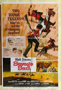 3e648 SAVAGE SAM style A one-sheet '63 Disney, art of boy & dog fighting Indian, Old Yeller sequel!