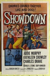 3e679 SHOWDOWN one-sheet '63 Audie Murphy & enemies chained together, and pretty Kathleen Crowley!