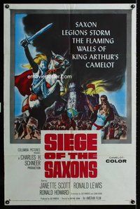 3e681 SIEGE OF THE SAXONS one-sheet poster '63 King Arthur's Camelot, cool knight on horseback art!