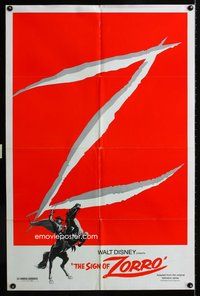 3e683 SIGN OF ZORRO one-sheet poster R78 Walt Disney, masked hero Guy Williams leaves his trademark!