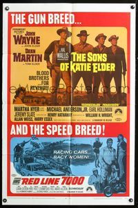 3e715 SONS OF KATIE ELDER/RED LINE 7000 one-sheet '68 John Wayne, cowboys & car racing double-bill!