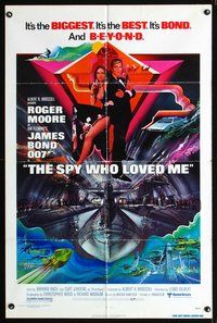 3e729 SPY WHO LOVED ME one-sheet poster '77 cool artwork of Roger Moore as James Bond by Bob Peak!