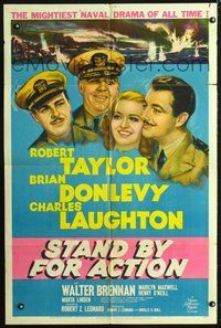 3e735 STAND BY FOR ACTION style C 1sh '43 art of sailors Robert Taylor, Charles Laughton & Donlevy!