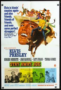 3e741 STAY AWAY JOE 1sheet '68 great artwork of Elvis Presley riding bull with lots of sexy girls!