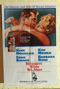 3e758 STRANGERS WHEN WE MEET 1sheet '60 Kirk Douglas embracing sexy Kim Novak, who is not his wife!