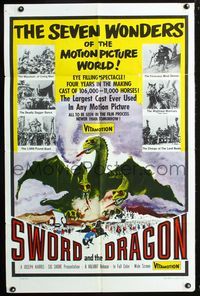 3e791 SWORD & THE DRAGON one-sheet '60 cool fantasy art of three-headed winged monster attacking!