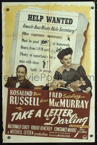 3e801 TAKE A LETTER DARLING style A 1sheet '42 Rosalind Russell is secretary Fred MacMurray's boss!