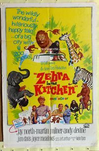 3e995 ZEBRA IN THE KITCHEN one-sheet '65 Jay North & zoo animals on the loose, great animal artwork!