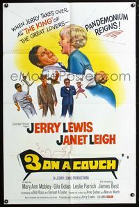 3f009 3 ON A COUCH one-sheet movie poster '66 great image of Jerry Lewis squeezing sexy Janet Leigh!