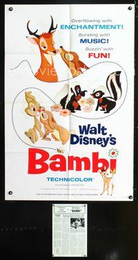 3f064 BAMBI one-sheet poster R66 Walt Disney cartoon deer classic, great image of forest animals!