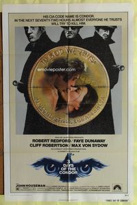 3g005 3 DAYS OF THE CONDOR one-sheet '75 secret agent Robert Redford & Faye Dunaway, cool title art!