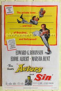 3g014 ACTORS & SIN one-sheet '52 the private lives of Broadway & Hollywood strictly off the record!