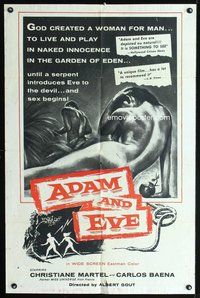 3g015 ADAM & EVE int'l 1sh '58 sexiest artwork of naked man & woman in the Mexican Garden of Eden!