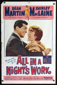 3g022 ALL IN A NIGHT'S WORK one-sheet movie poster '61 Dean Martin embraces Shirley MacLaine!