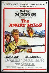 3g031 ANGRY HILLS one-sheet '59 Robert Aldrich, cool artwork of Robert Mitchum with big machine gun!