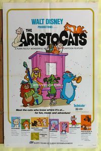 3g038 ARISTOCATS one-sheet movie poster R73 Walt Disney feline jazz musical cartoon, great image!