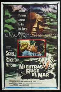 3g042 AS THE SEA RAGES Spanish/U.S. one-sheet '60 Maria Schell, Cliff Robertson, cool ocean artwork!