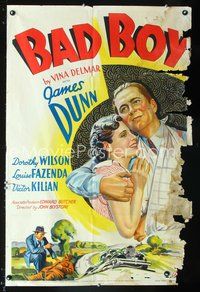 3g060 BAD BOY one-sheet movie poster '35 great art of James Dunn embracing Dorothy Wilson, cool car!