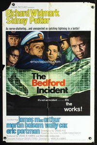 3g079 BEDFORD INCIDENT 1sheet '65 Richard Widmark, Sidney Poitier, cool battleship & submarine art!