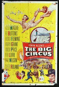 3g095 BIG CIRCUS one-sheet poster '59 cool art of trapeze artist David Nelson holding Kathryn Grant!