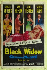 3g110 BLACK WIDOW one-sheet '54 Ginger Rogers, Gene Tierney, Van Heflin, George Raft, sexy art!
