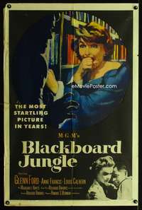 3g112 BLACKBOARD JUNGLE 1sheet '55 Richard Brooks classic, art of terrified Margaret Hayes attacked!