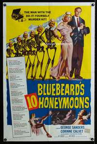 3g123 BLUEBEARD'S 10 HONEYMOONS one-sheet '60 great wild image of long line of skeleton brides!
