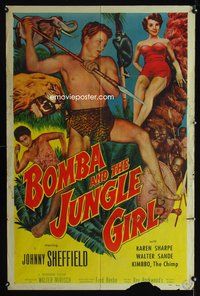 3g129 BOMBA & THE JUNGLE GIRL one-sheet poster '53 Johnny Sheffield as Bomba, pretty Karen Sharpe!