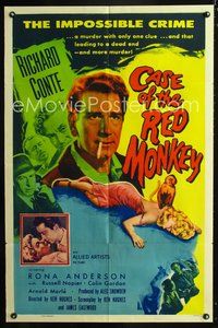 3g167 CASE OF THE RED MONKEY 1sh '55 Richard Conte solves the impossible crime, sexy Rona Anderson!