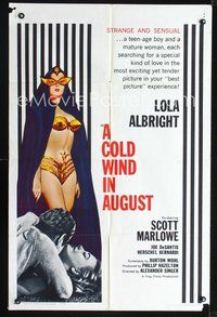 3g186 COLD WIND IN AUGUST one-sheet movie poster '61 sexy half-dressed masked Lola Albright!