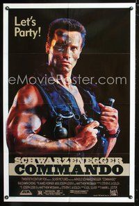 3g188 COMMANDO one-sheet '85 great image of camoflaged soldier Arnold Schwarzenegger, Let's Party!