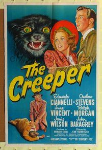 3g194 CREEPER one-sheet poster '48 great stone litho of frightened couple and wacky crazed cat!