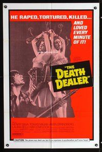 3g213 DEATH DEALER 1sh '75 Umberto Lenzi, wild image of man about to torture young girls!