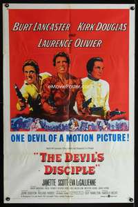 3g217 DEVIL'S DISCIPLE one-sheet '59 cool image of Burt Lancaster, Kirk Douglas & Laurence Olivier!