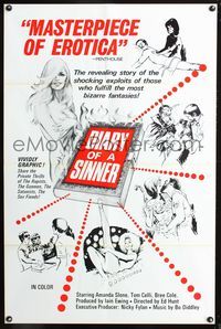 3g218 DIARY OF A SINNER one-sheet movie poster '74 Amanda Slone, bizarre fetish fantasy sex artwork!