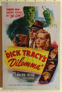 3g219 DICK TRACY'S DILEMMA 1sheet '47 great artwork of Ralph Byrd vs The Claw + Sightless & Vitamin!