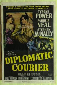 3g220 DIPLOMATIC COURIER 1sh '52 cool art of Patricia Neal pulling a gun on shirtless Tyrone Power!
